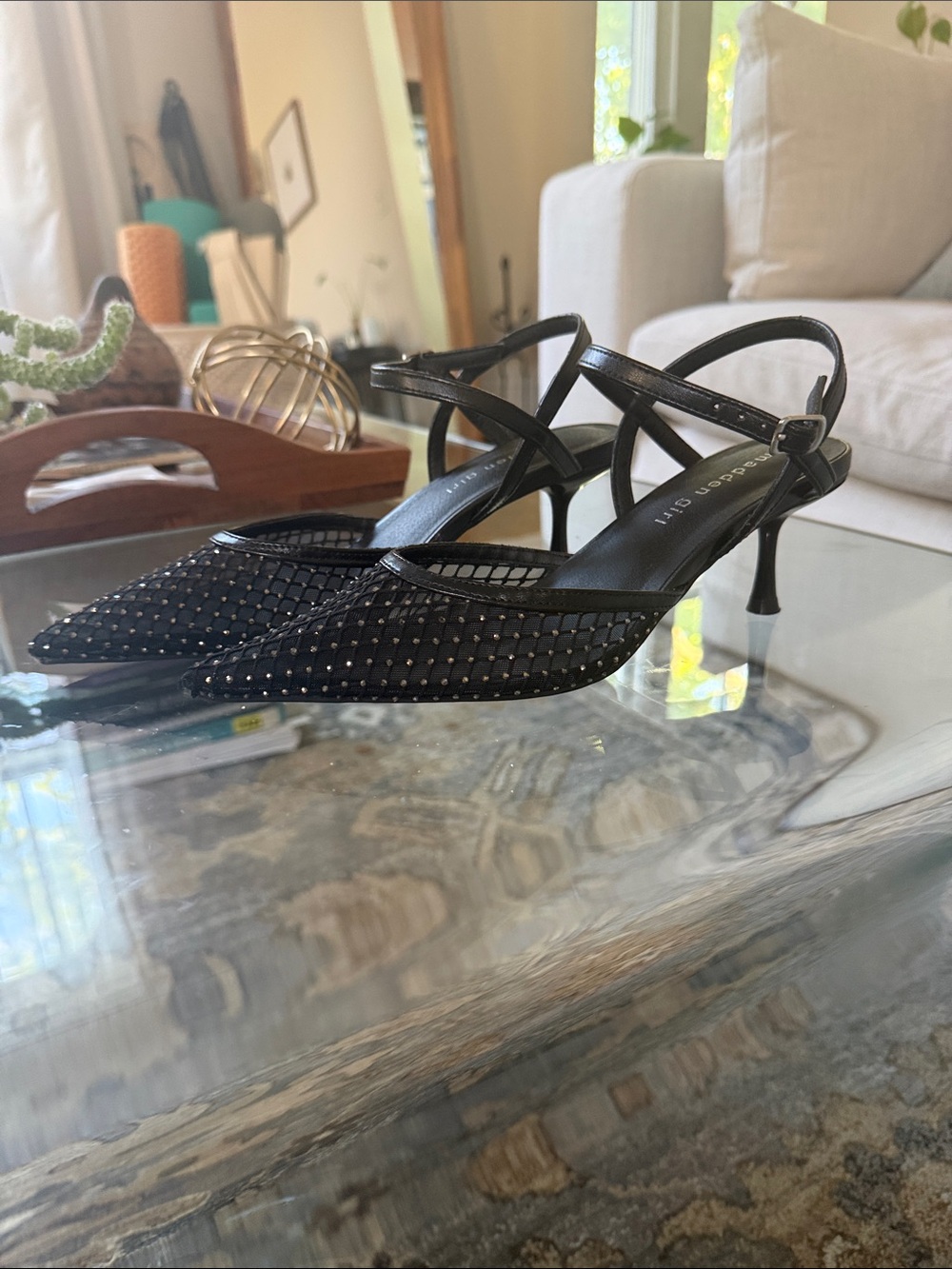 Madden Girl Black Strappy Pointed Toe Kitten Heels